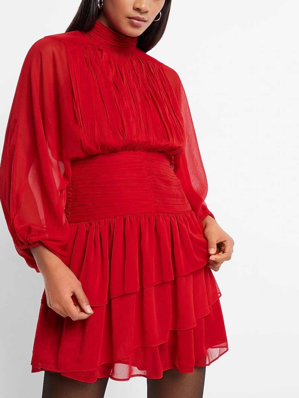 Express Red High-Neck Tiered Mini Dress